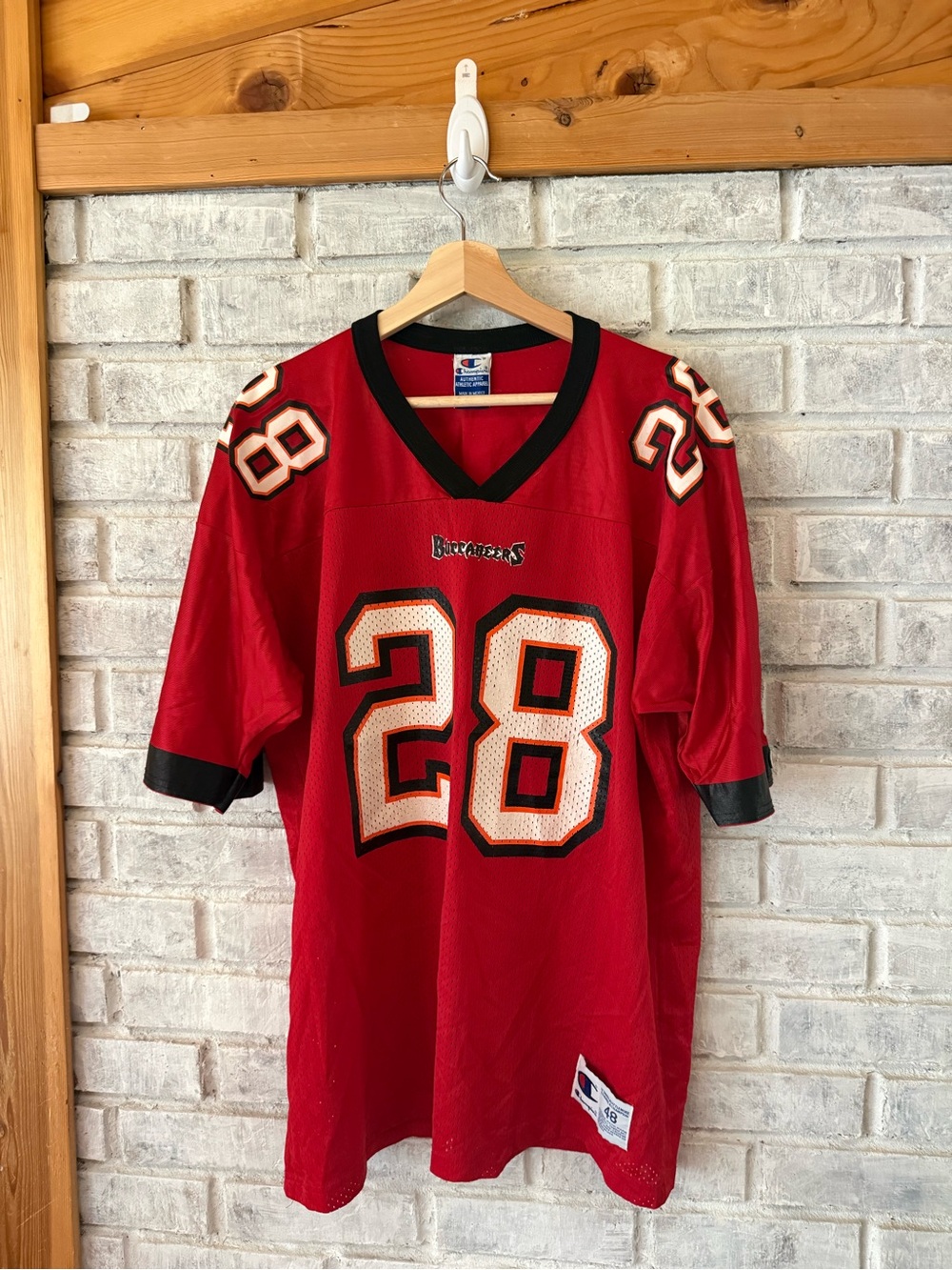Vintage Champion Red Tampa Bay Buccaneers #28 Football Jersey